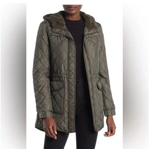 Lucky Brand Faux Shearling Lined Hood Quilted Zip Jacket Women’s SZ Small‎ Olive